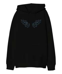 Angel Wings - Melek Kanadı Siyah Oversize Unisex Kapüşonlu Sweatshirt