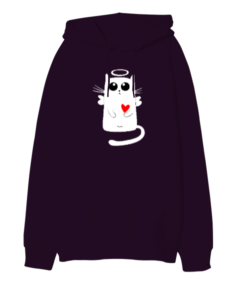 Angelic Cat - Melek Kedi Koyu Mor Oversize Unisex Kapüşonlu Sweatshirt