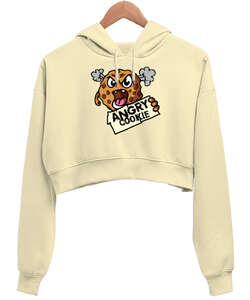 Angry Cookie Krem Kadın Crop Hoodie Kapüşonlu Sweatshirt