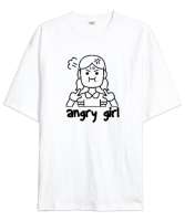 Angry Girl - Sinirli Kız Beyaz Oversize Unisex Tişört - Thumbnail