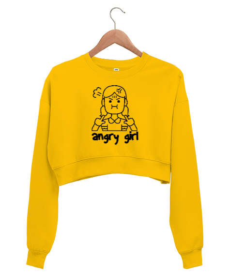 Tisho - Angry Girl - Sinirli Kız Sarı Kadın Crop Sweatshirt