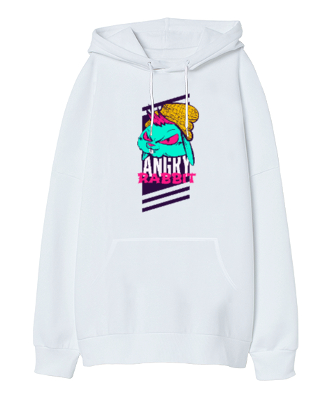 Angry Rabbit - Sinirli Tavşan Beyaz Oversize Unisex Kapüşonlu Sweatshirt