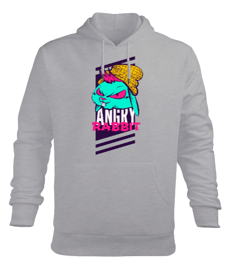 Angry Rabbit - Sinirli Tavşan Gri Erkek Kapüşonlu Hoodie Sweatshirt