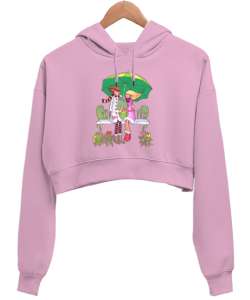 Animasyon Aşıklar Baskılı Pembe Kadın Crop Hoodie Kapüşonlu Sweatshirt