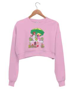 Animasyon Aşıklar Baskılı Pembe Kadın Crop Sweatshirt