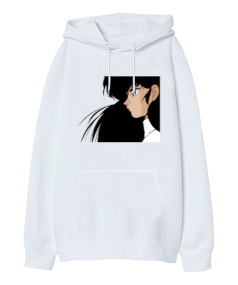 Anime Detaylı Unisex Beyaz Sweatshirt Oversize Unisex Kapüşonlu Sweatshirt