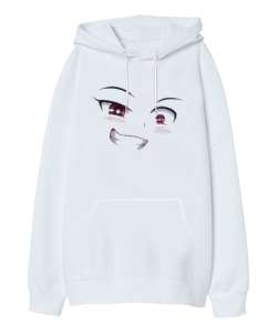 Anime Face - Yüz İfadesi Beyaz Oversize Unisex Kapüşonlu Sweatshirt