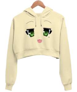 Anime Face - Yüz İfadesi Krem Kadın Crop Hoodie Kapüşonlu Sweatshirt