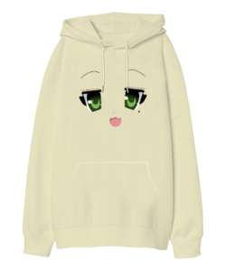 Anime Face - Yüz İfadesi Krem Oversize Unisex Kapüşonlu Sweatshirt