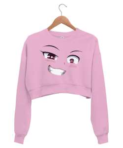 Anime Face - Yüz İfadesi Pembe Kadın Crop Sweatshirt