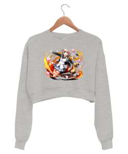 Anime Girl Gri Kadın Crop Sweatshirt