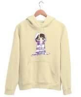 Anime Girl - Kız Çizim Krem Unisex Kapşonlu Sweatshirt - Thumbnail