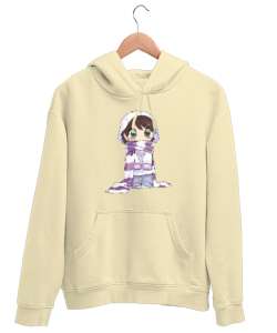 Anime Girl - Kız Çizim Krem Unisex Kapşonlu Sweatshirt