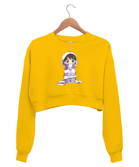 Tisho - Anime Girl - Kız Çizim Sarı Kadın Crop Sweatshirt