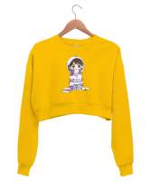 Anime Girl - Kız Çizim Sarı Kadın Crop Sweatshirt - Thumbnail