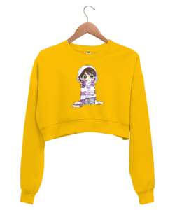 Anime Girl - Kız Çizim Sarı Kadın Crop Sweatshirt