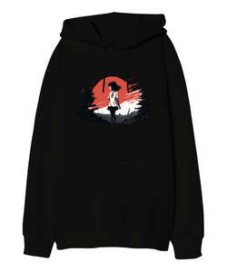 Anime Girl Siyah Oversize Unisex Kapüşonlu Sweatshirt