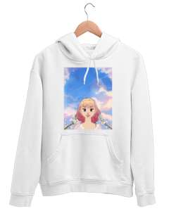 Anime kızı Beyaz Unisex Kapşonlu Sweatshirt