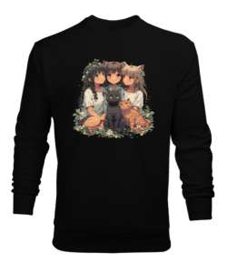 Anime Land Serisi :Anime Cat Family Siyah Erkek Sweatshirt