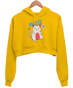 Anime Manga Love Cat Comic Baskılı Sarı Kadın Crop Hoodie Kapüşonlu Sweatshirt