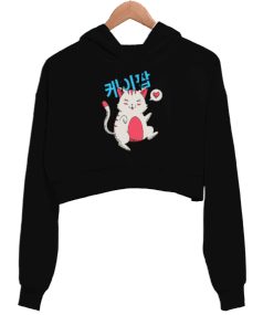 Anime Manga Love Cat Comic Baskılı Siyah Kadın Crop Hoodie Kapüşonlu Sweatshirt