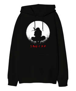 Anime Naruto Itachi Uchiha Ay Silueti Baskılı Siyah Oversize Unisex Kapüşonlu Sweatshirt