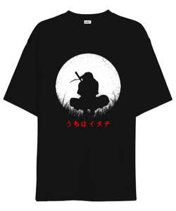 Anime Naruto Itachi Uchiha Ay Silueti Baskılı Siyah Oversize Unisex Tişört