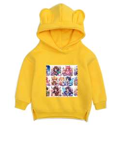 Anime resimli Sarı Unisex Çocuk Ayı Hoodie Kapşonlu