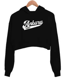 Ankara Başkent Türkiye Baskılı Siyah Kadın Crop Hoodie Kapüşonlu Sweatshirt