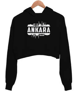 Ankara Başkent Türkiye Silüet Baskılı Siyah Kadın Crop Hoodie Kapüşonlu Sweatshirt