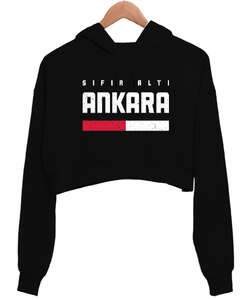 Ankara Sıfır Altı Tasarım Baskılı Siyah Kadın Crop Hoodie Kapüşonlu Sweatshirt