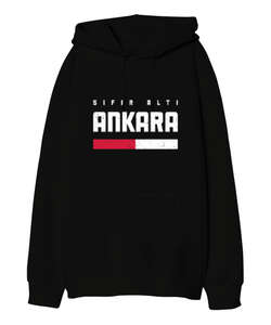 Ankara Sıfır Altı Tasarım Baskılı Siyah Oversize Unisex Kapüşonlu Sweatshirt