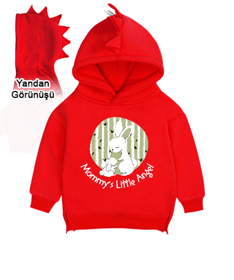 Tisho - Annesinin Küçük Meleği - Tavşanlar - Little Angel Kırmızı Çocuk Dinozor Kapşonlu Hoodie