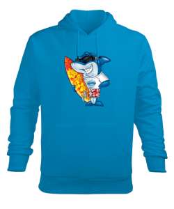 Antalyalı köpek balığı baskılı Turkuaz Erkek Kapüşonlu Hoodie Sweatshirt