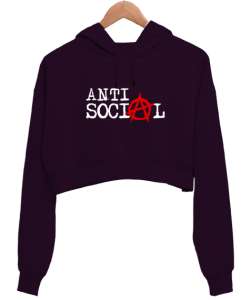 Anti Sosyal - Anti Social Koyu Mor Kadın Crop Hoodie Kapüşonlu Sweatshirt