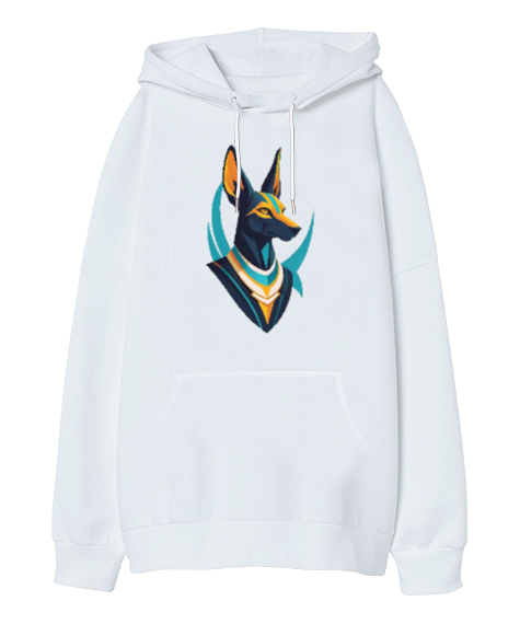 Tisho - anubis mitoloji Beyaz Oversize Unisex Kapüşonlu Sweatshirt