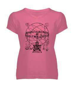 Armillary Sphere - Zodiac - Horoscope- Astroloji Pembe Kadın V Yaka Tişört