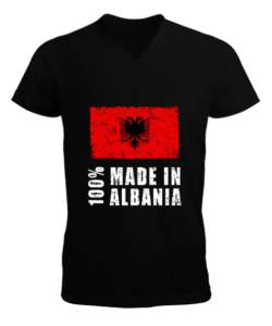 Arnavutluk,albania,Arnavutluk Bayrağı,Arnavutluk logosu,albania flag. Siyah Erkek Kısa Kol V Yaka Tişört