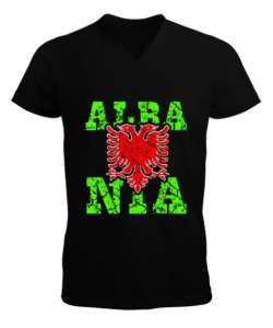 Arnavutluk,albania,Arnavutluk Bayrağı,Arnavutluk logosu,albania flag. Siyah Erkek Kısa Kol V Yaka Tişört