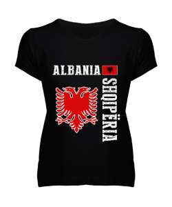 Arnavutluk,albania,Arnavutluk Bayrağı,Arnavutluk logosu,albania flag. Siyah Kadın V Yaka Tişört