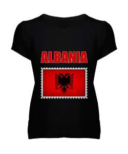 Arnavutluk,albania,Arnavutluk Bayrağı,Arnavutluk logosu,albania flag. Siyah Kadın V Yaka Tişört