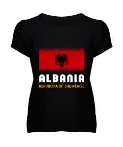 Arnavutluk,albania,Arnavutluk Bayrağı,Arnavutluk logosu,albania flag. Siyah Kadın V Yaka Tişört