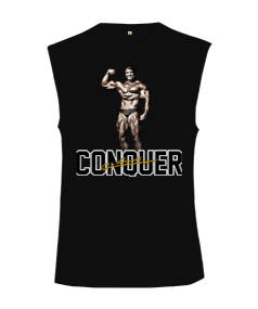 Arnold Schwarzenegger Conquer Noir Baskılı Siyah Kesik Kol Unisex Tişört