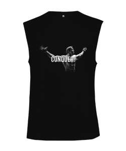 Arnold Schwarzenegger CONQUER Vücut Geliştirme GYM Bodybuilding Fitness Baskılı Siyah Kesik Kol Unisex Tişört