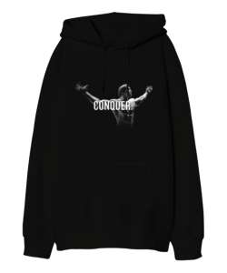 Arnold Schwarzenegger CONQUER Vücut Geliştirme GYM Bodybuilding Fitness Baskılı Siyah Oversize Unisex Kapüşonlu Sweatshirt