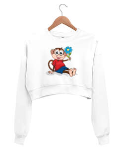 aşık maymun Beyaz Kadın Crop Sweatshirt