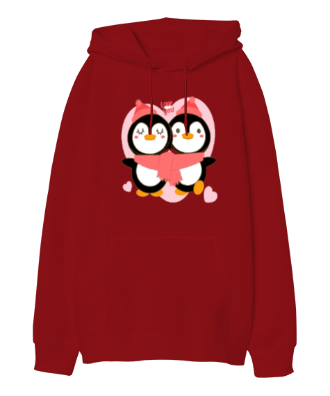 aşık penguenler Kırmızı Oversize Unisex Kapüşonlu Sweatshirt