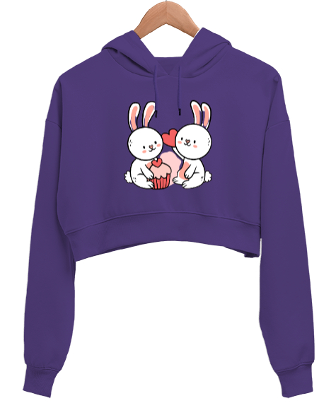 aşık tavşanlar Mor Kadın Crop Hoodie Kapüşonlu Sweatshirt