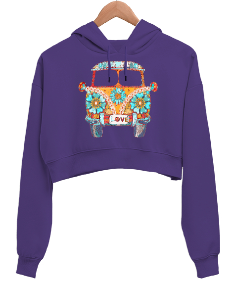 Aşk Arabası Vintage 1960s Mor Kadın Crop Hoodie Kapüşonlu Sweatshirt