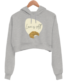 Aşk Herşeydir Yazılı Gri Bayan Kadın Crop Hoodie Kapüşonlu Sweatshirt